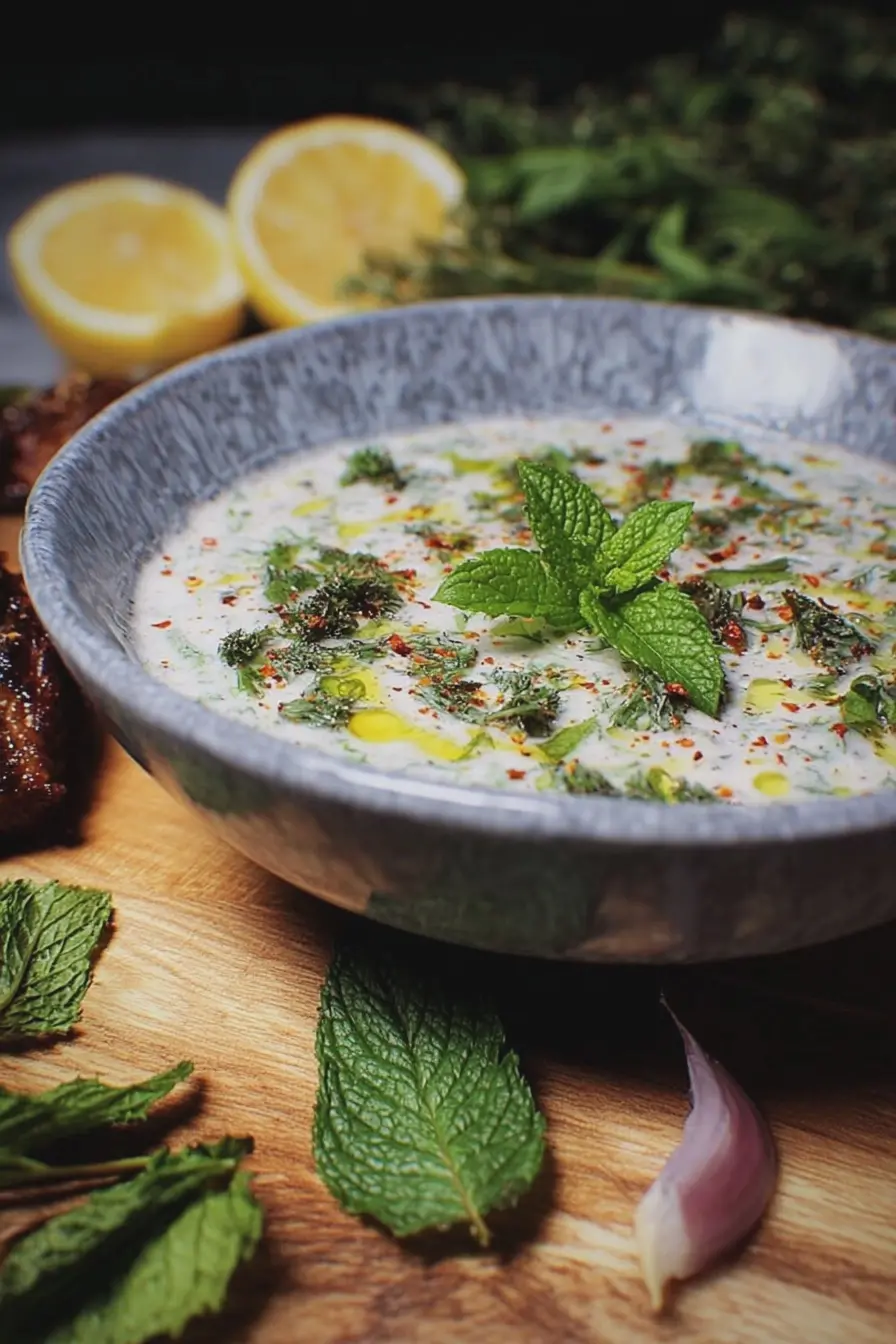 Joghurt-Minz-Dip serviert mit frischem Gemüse und Brot
