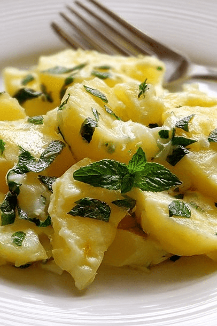 Kartoffelsalat mit frischer Minze und Zwiebeln auf einem Holztisch