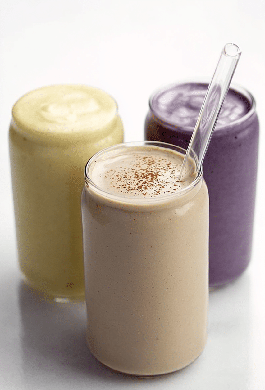 Ein klassischer veganer Protein-Smoothie, serviert in einem Glas mit frischen verschiedenen Beeren und Minze.
