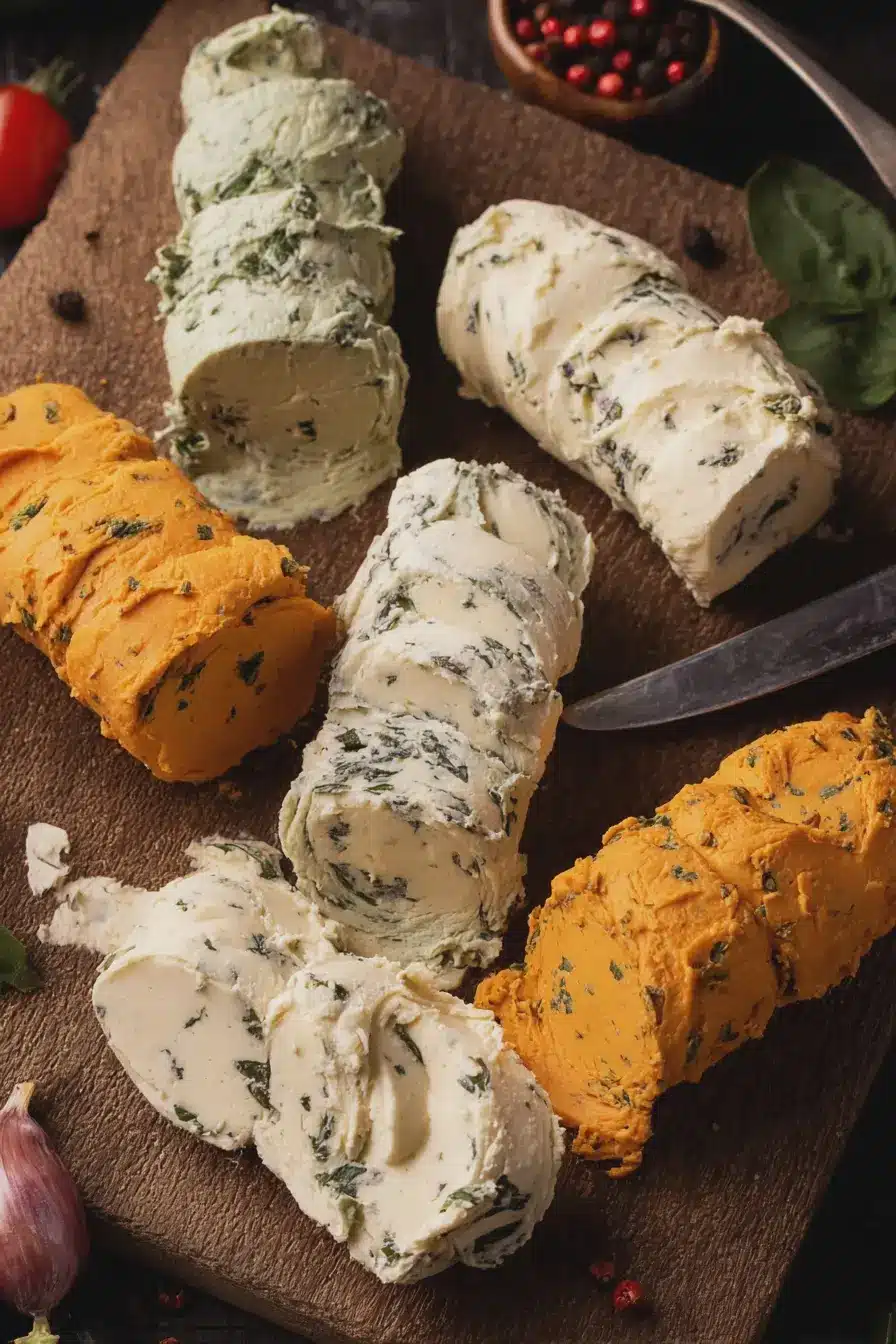 Kräuterbutter auf rustikalem Brot, umgeben von frischen Kräutern und Zitrone.
