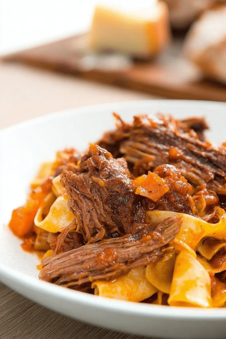 Langsam gekochtes Rinderragù auf Pappardelle, garniert mit Parmesan