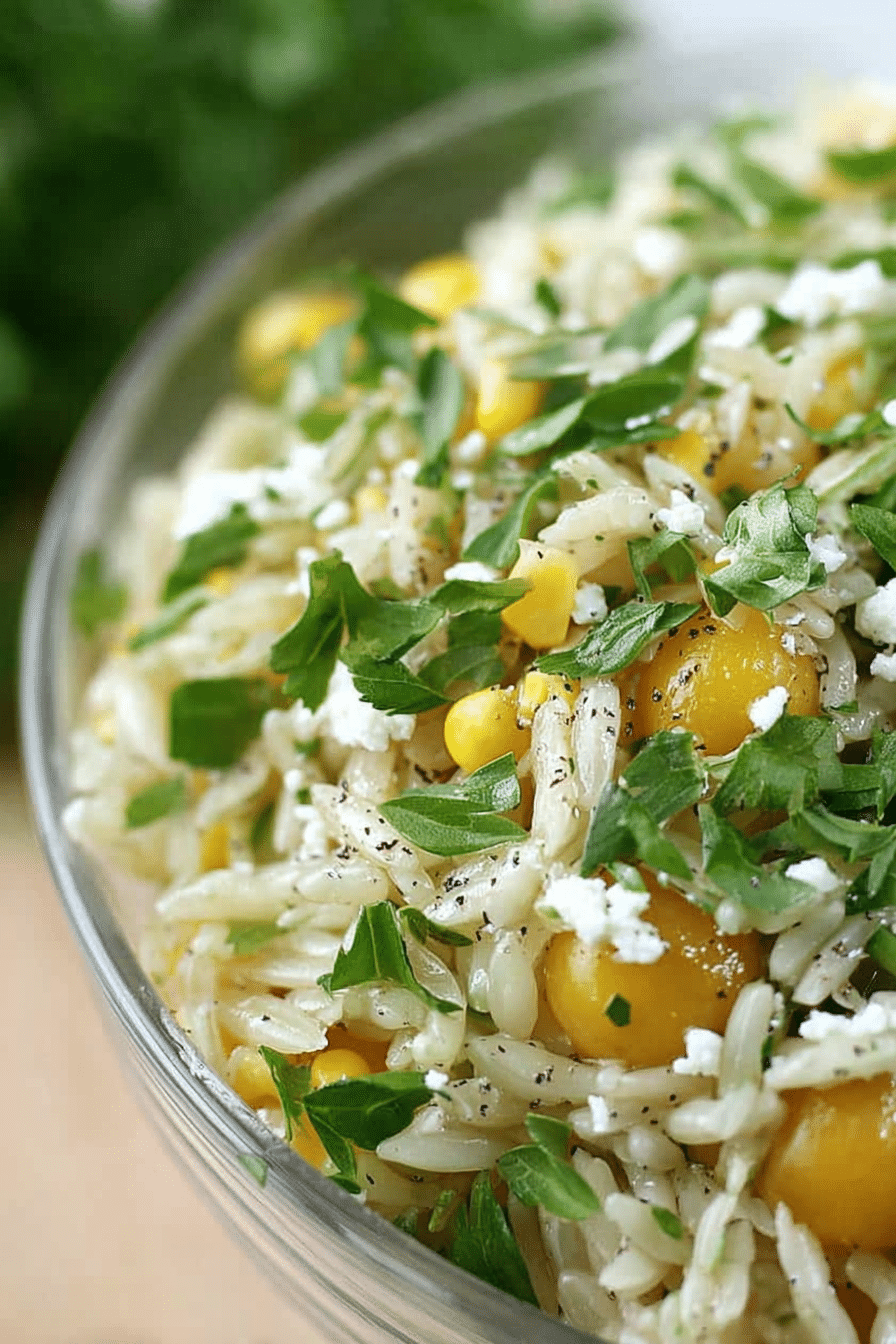 Limonen-Orzo- und geröstetem Mais-Salat in einer Schüssel, garniert mit frischem Queso Fresco und Kräutern.