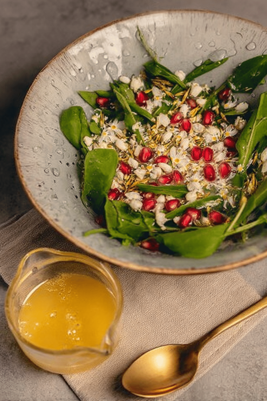 Frisch zubereiteter Löwenzahn-Salat mit Holunderblüten-Dressing, garniert mit Gänseblümchen.