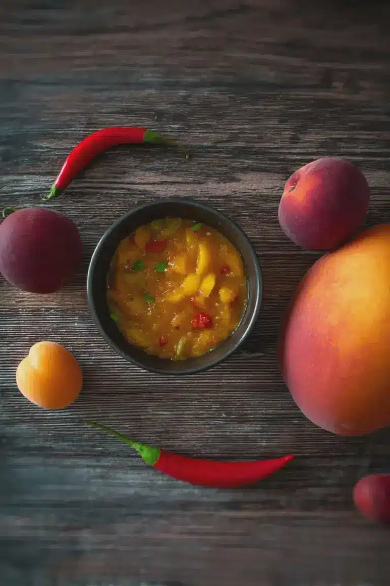 Mango-Aprikosen-Chutney in einem Glas, umgeben von frischen Mangos und Aprikosen auf einem Holzuntergrund.