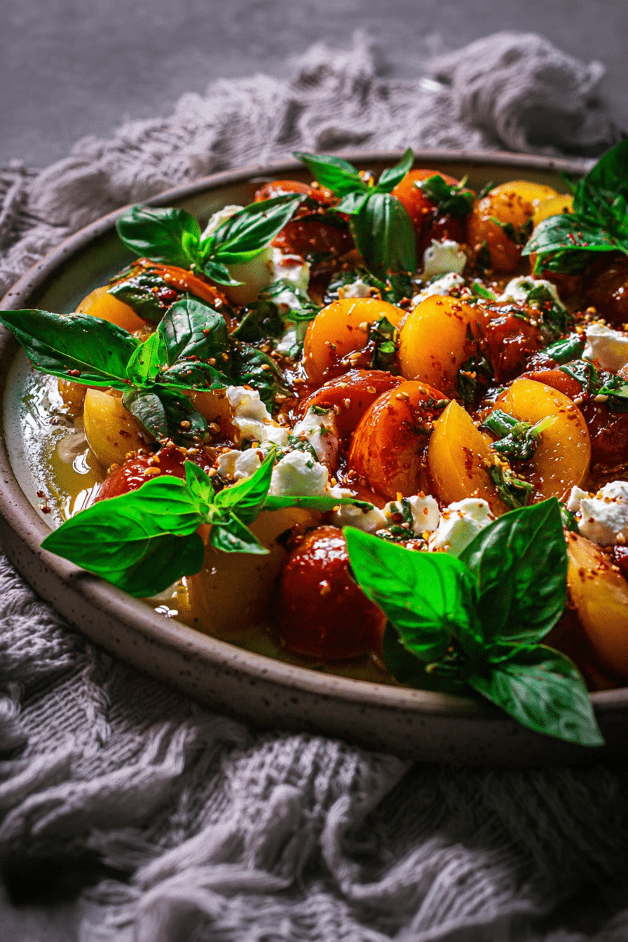 Fruchtige Marillen Caprese mit Burrata auf einer Anrichtungsplatte, garniert mit frischem Basilikum.