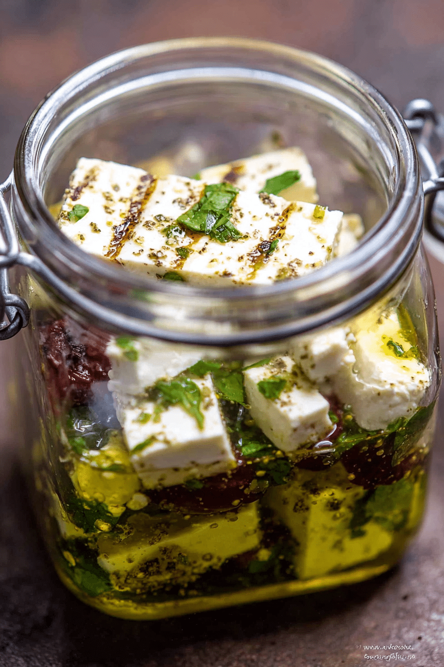 Glas mit mariniertem Feta, dekoriert mit frischen Kräutern und Chilischoten, serviert mit Pita-Chips.