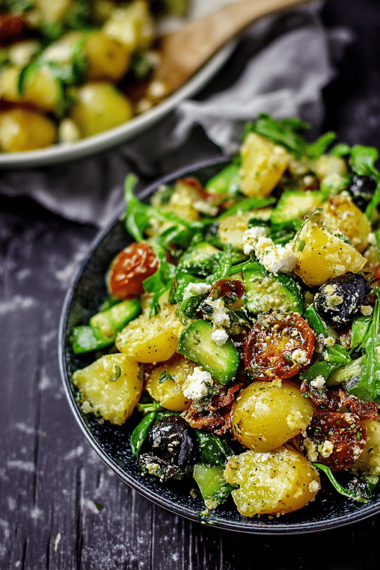 Mediterraner Kartoffelsalat mit Feta, Rucola und getrockneten Tomaten in einer Schüssel auf einem Holztisch.