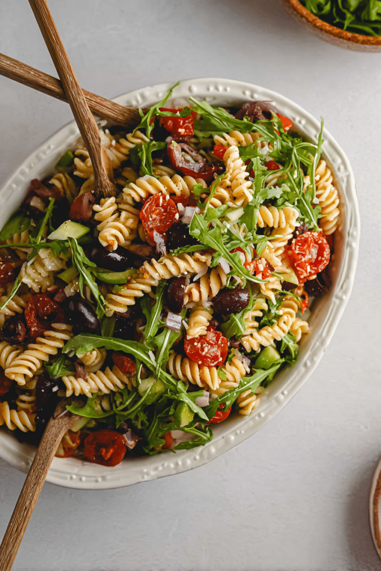 Mediterraner Nudelsalat mit Rucola, tomaten und oliven auf einem Holztisch