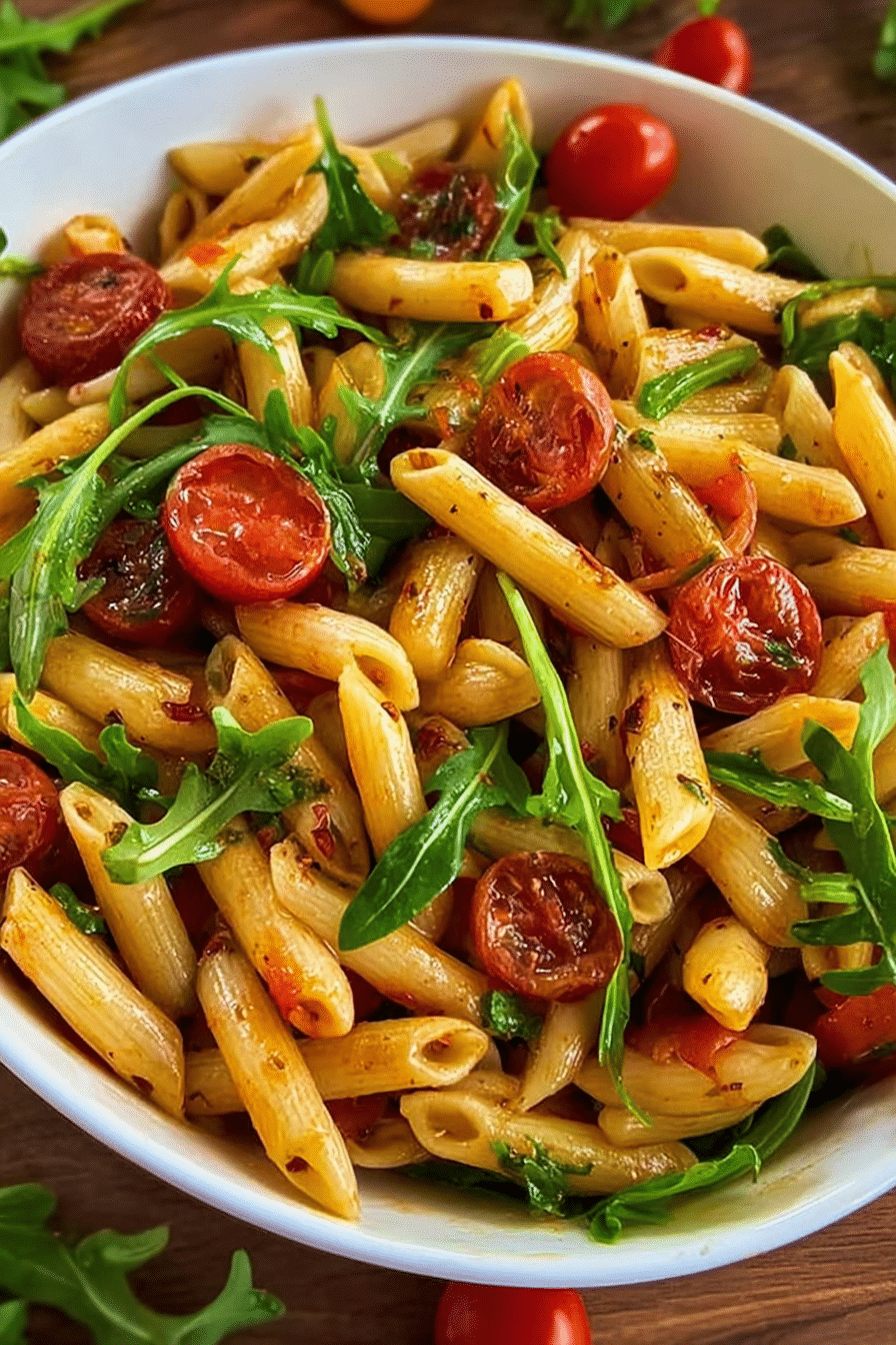Mediterraner Nudelsalat mit Rucola, Kirschtomaten und Pinienkernen in einer Servierschüssel
