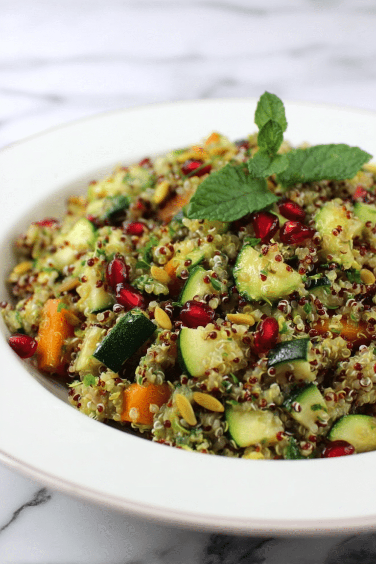 Frischer mediterraner Quinoa-Salat mit Zucchini, Granatapfel und frischer Minze, serviert in einer bunten Schüssel.
