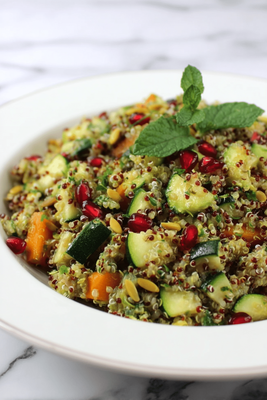 Frischer mediterraner Quinoa-Salat mit Zucchini, Granatapfel und frischer Minze, serviert in einer bunten Schüssel.