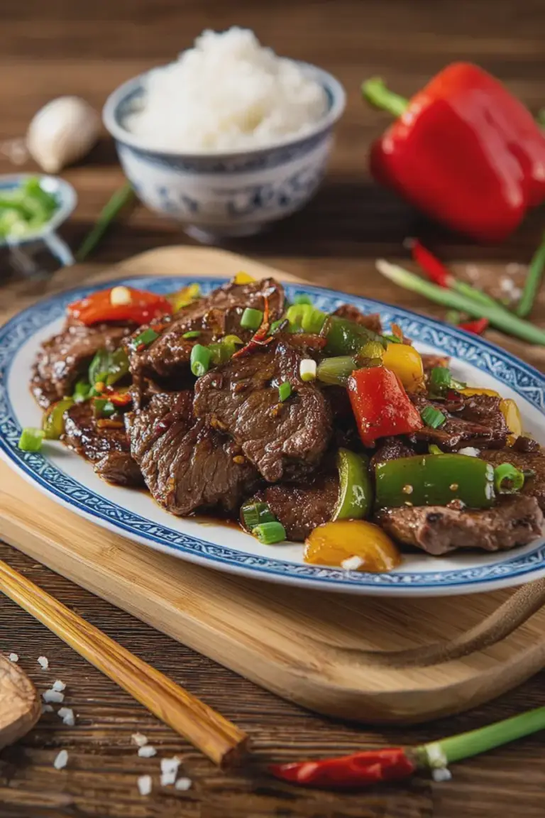 Mongolian Beef serviert in einem Wok mit Paprika und Frühlingszwiebeln auf Reis