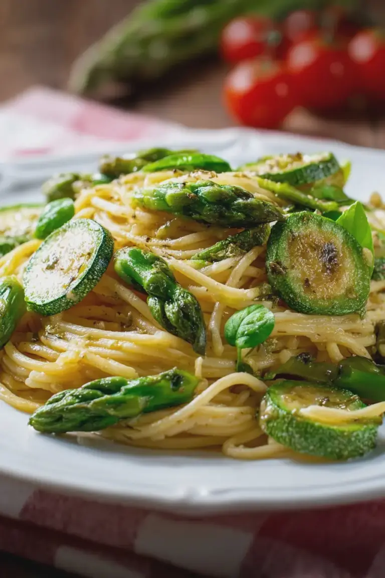 Leckere Nudeln mit Zucchini und Spargel, serviert auf einem Teller.