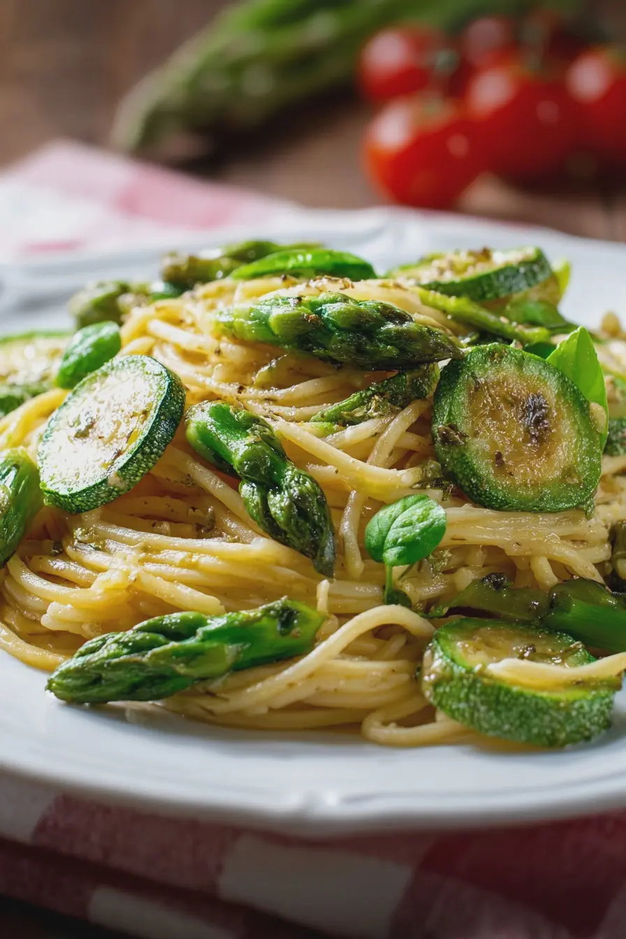 Leckere Nudeln mit Zucchini und Spargel, serviert auf einem Teller.