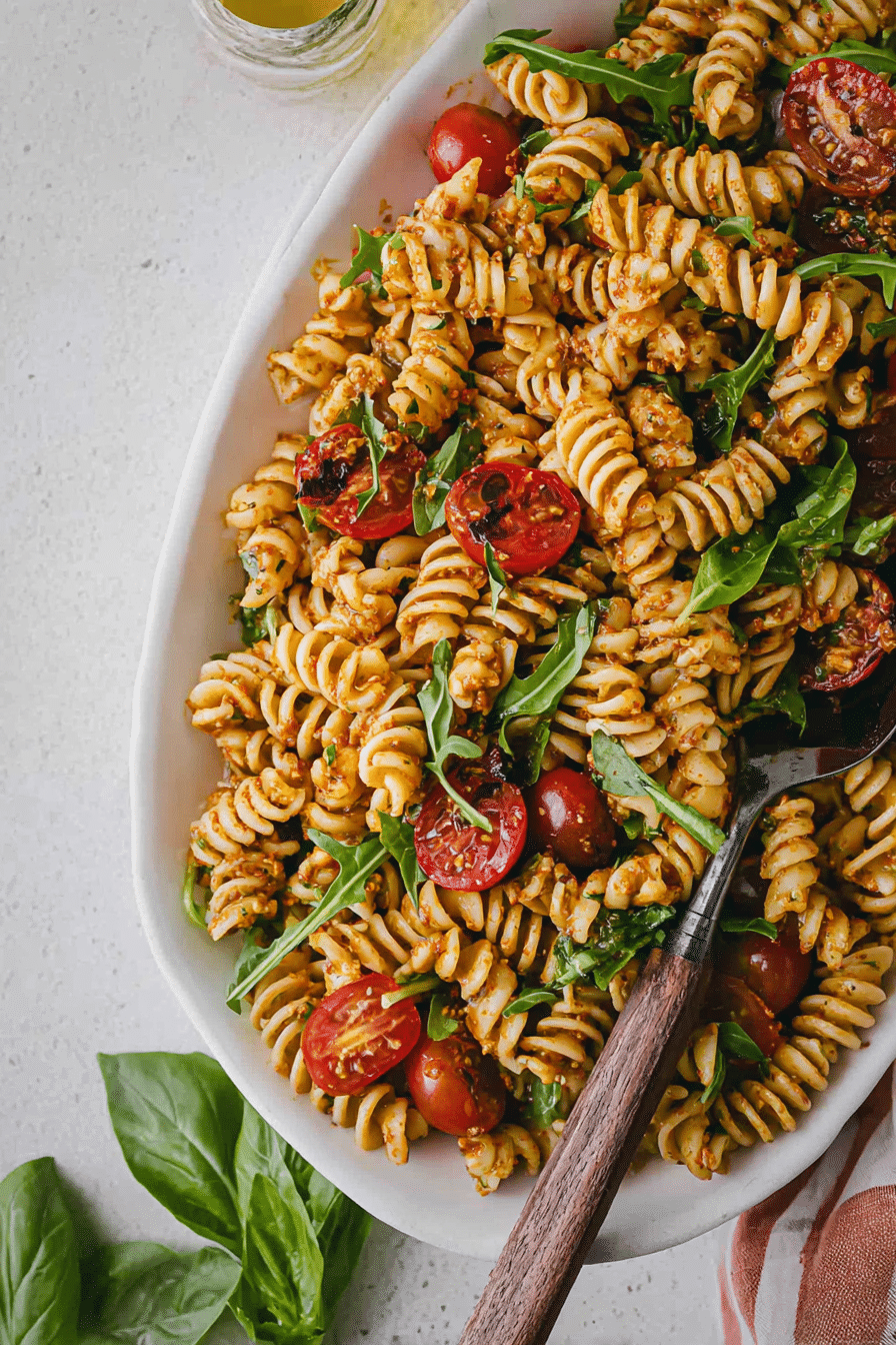 Nudelsalat mit rotem Pesto, Cherrytomaten und Rucola auf einem Holztisch serviert