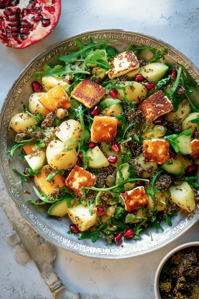 Orientalischer Brokkolisalat mit Halloumi und Linsen, dekoriert mit frischen Kräutern und Granatapfelkernen.