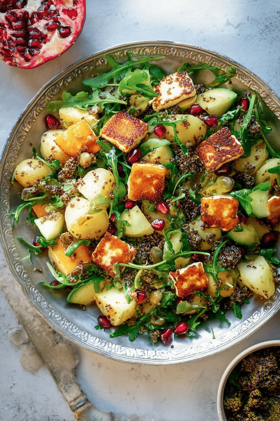 Orientalischer Brokkolisalat mit Halloumi und Linsen, dekoriert mit frischen Kräutern und Granatapfelkernen.