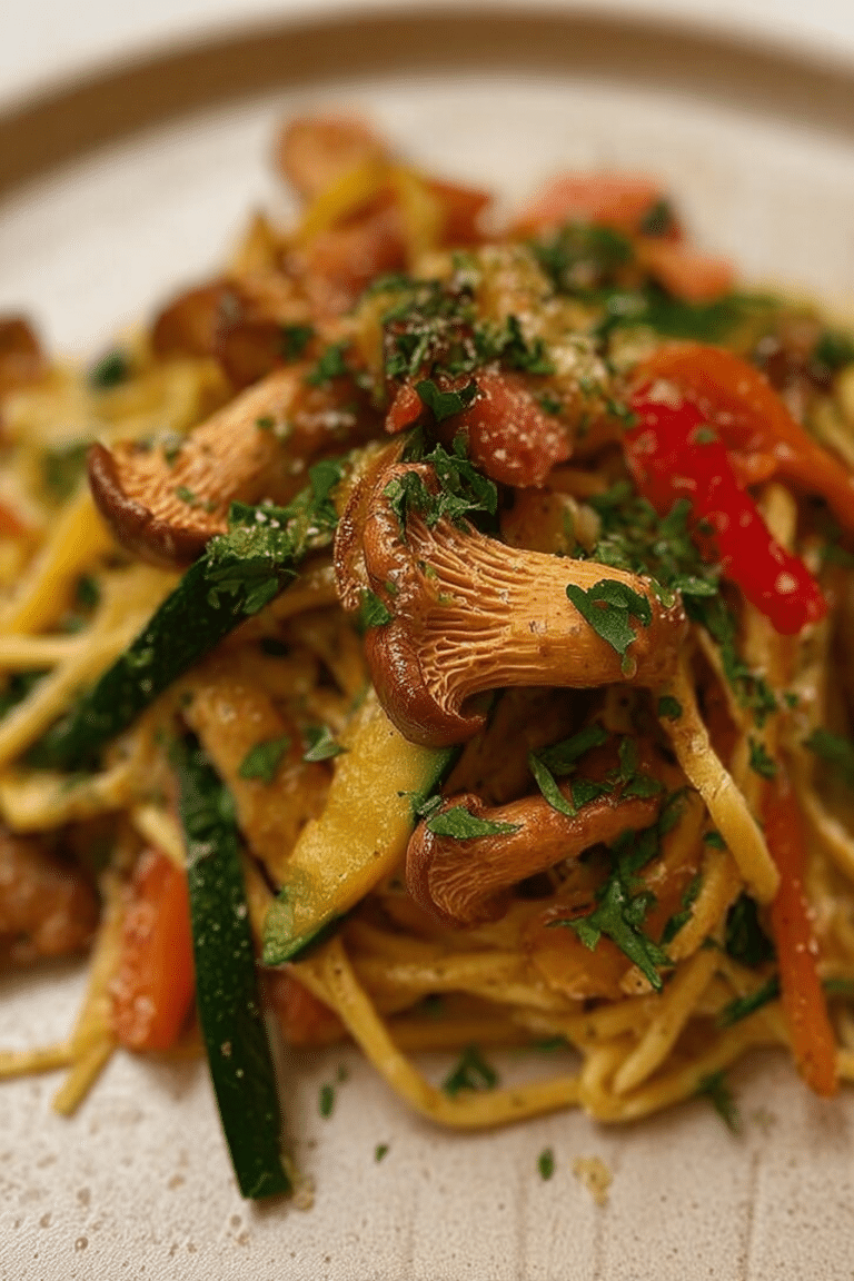 Pfifferling-Gemüsepfanne mit Pasta, angerichtet mit frischer Petersilie.