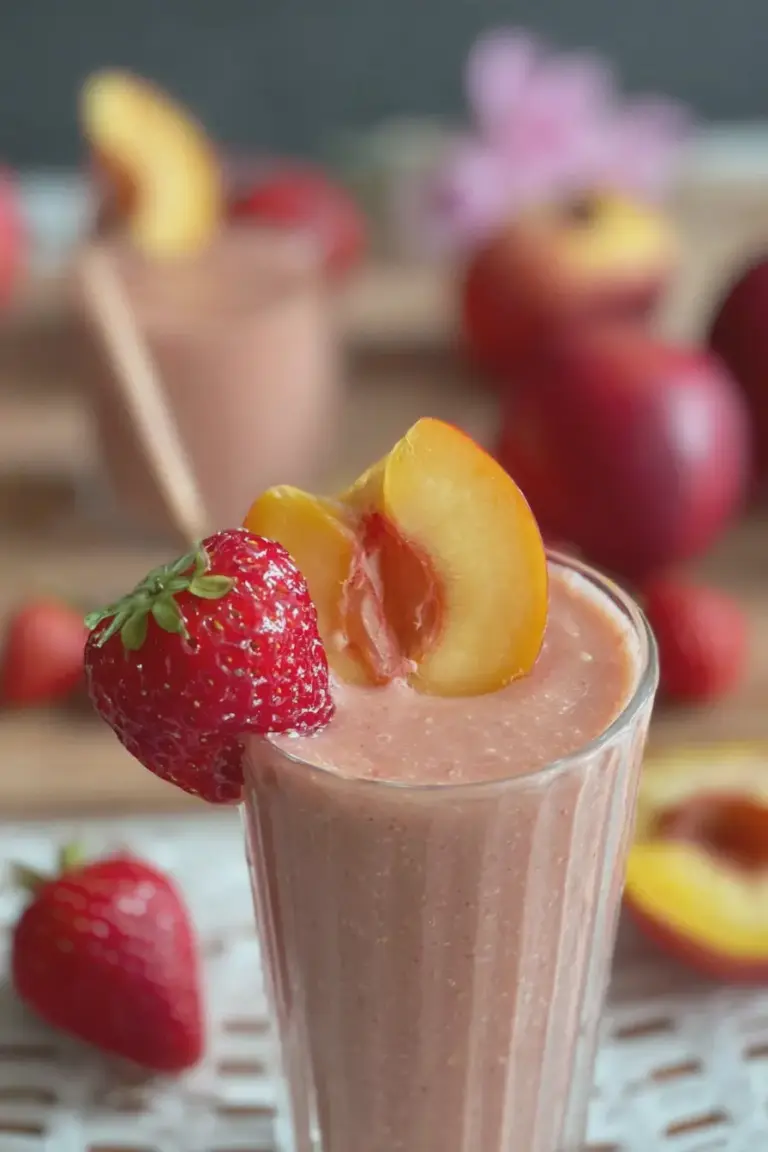 Erfrischender Pfirsich-Erdbeer-Smoothie in einem Glas, dekoriert mit frischen Erdbeeren und Pfirsichscheiben.