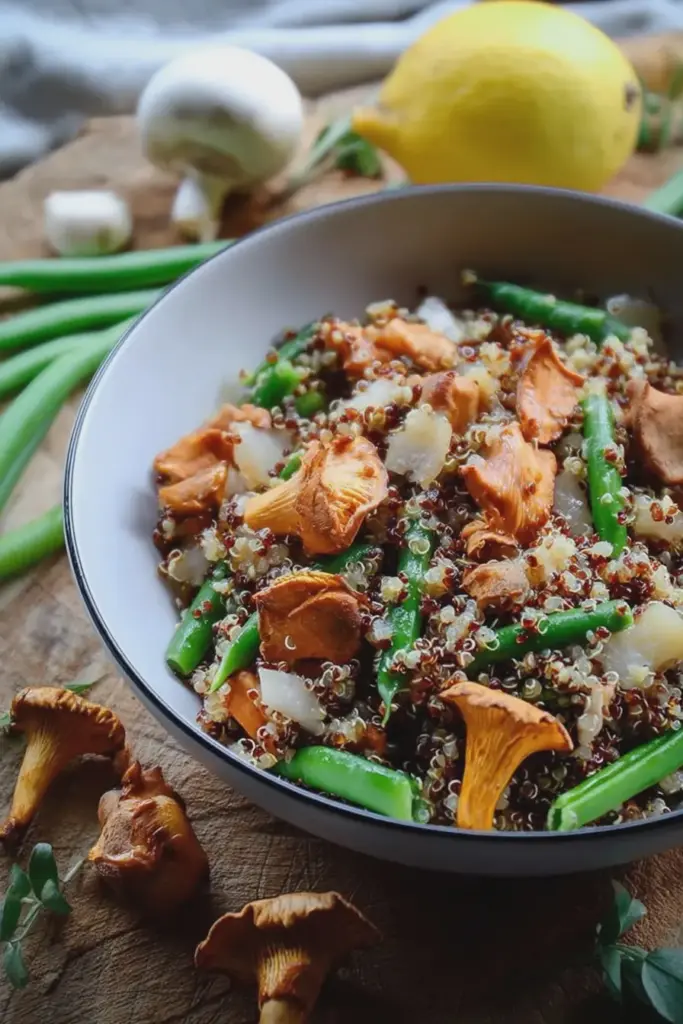 Quinoa-Pfanne mit Pfifferlingen und Bohnen, serviert auf einem Holztisch mit frischen Zutaten.