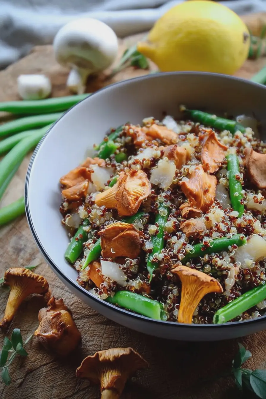 Quinoa-Pfanne mit Pfifferlingen und Bohnen, serviert auf einem Holztisch mit frischen Zutaten.