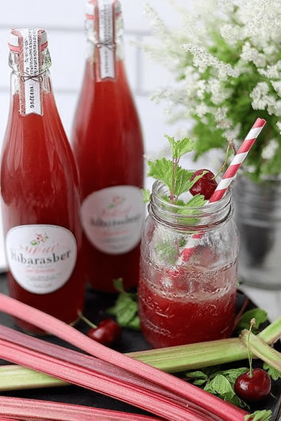 Erfrischender Rhabarber-Kirsch-Ingwer-Zitronengras Eistee, serviert in einem Glas mit frischen Zutaten im Hintergrund.