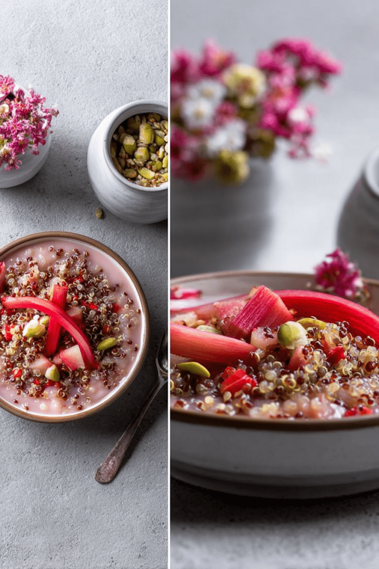 Eine Schüssel glutenfreier und veganer Rhabarber-Porridge mit gerösteten Pistazien auf einem rustikalen Holztisch.