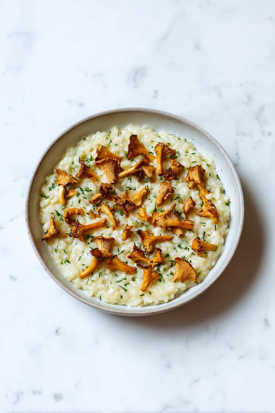 Cremiges Risotto mit Pfifferlingen und Estragon auf einem Holztisch