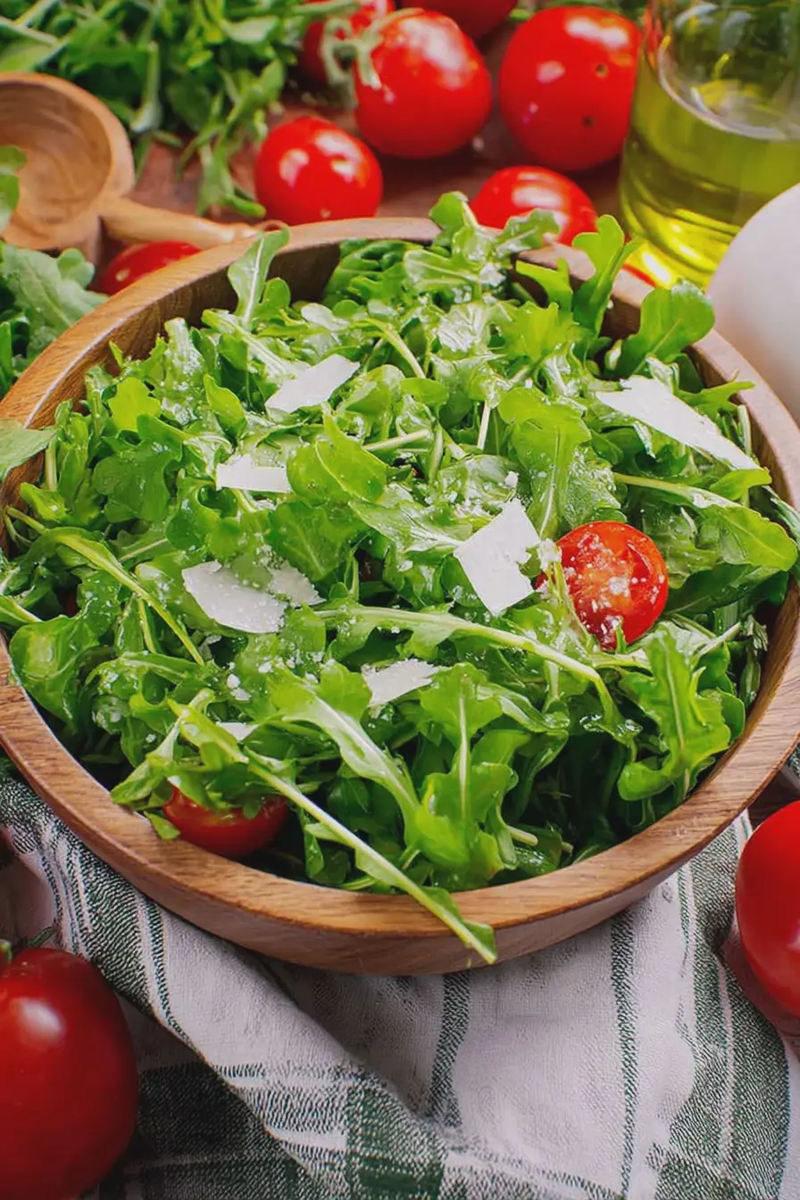 Frischer Rucola-Salat mit Kirschtomaten und Parmesan, serviert auf einem rustikalen Tisch.