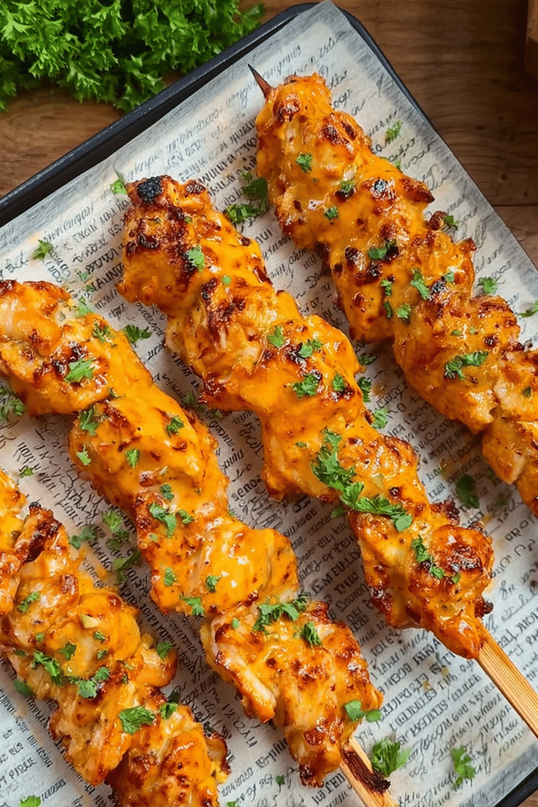 Saftige Hähnchenspieße mit Chili-Marinade auf einem Holzbrett, garniert mit Petersilie.