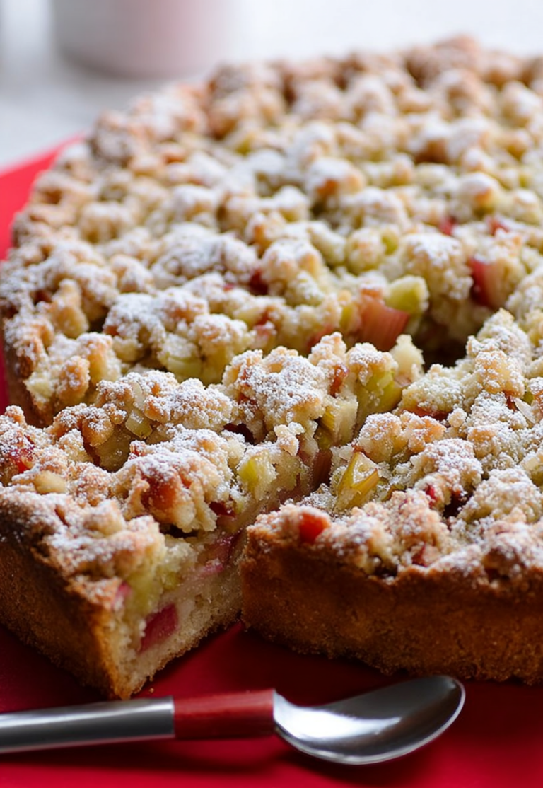 Saftiger Rhabarber-Streuselkuchen mit frischen Rhabarberstücken und Puderzucker auf einem Holztisch.