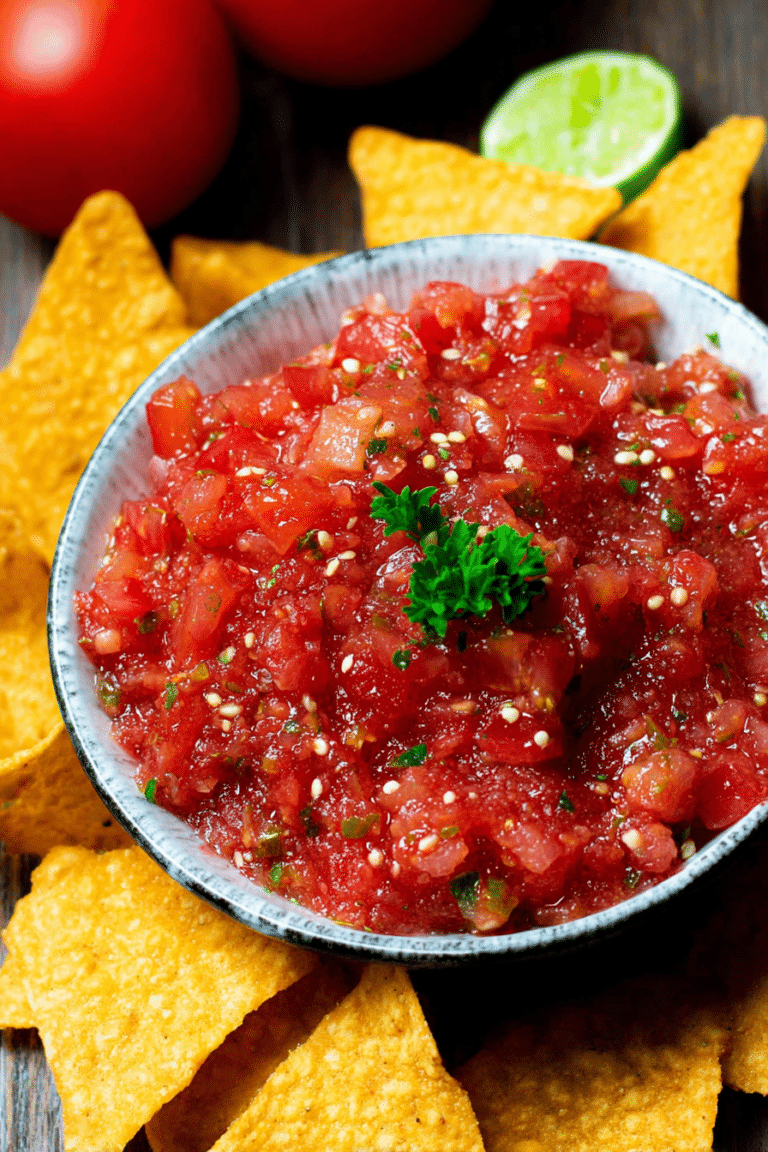Selbstgemachter Salsa-Dip in einer Schüssel, umgeben von Tortilla-Chips und einer Limette.