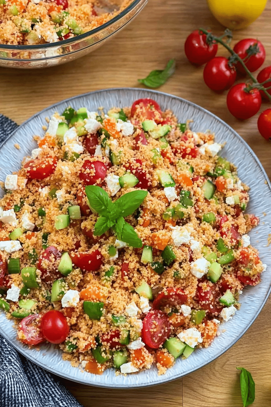 Schneller Couscous-Salat mit Feta, Kirschtomaten und Granatapfelkernen auf einem Tisch.