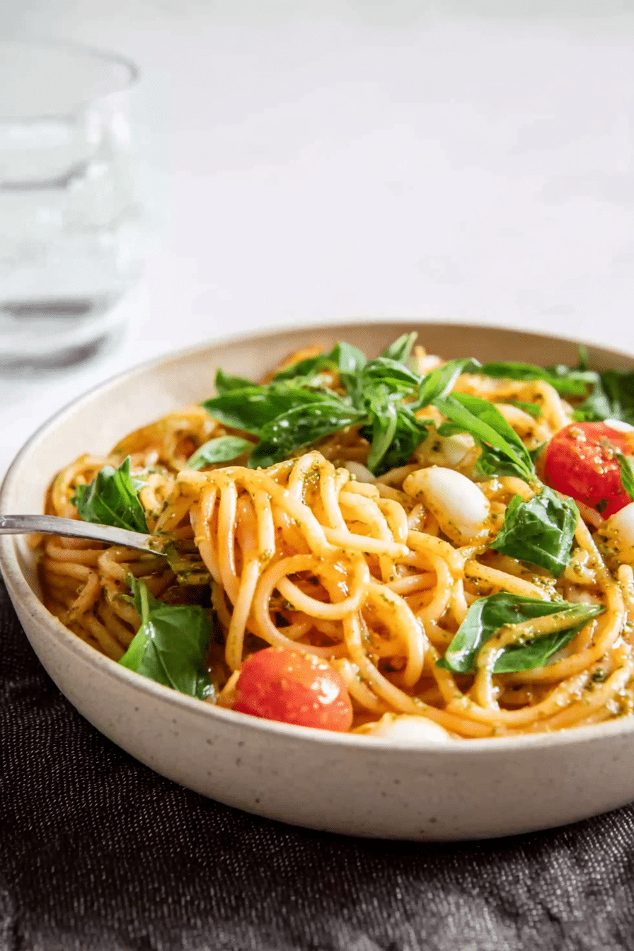 Spaghettisalat mit Pesto, Rucola, kleinen Tomaten und Mozzarella in einer bunten Schüssel.