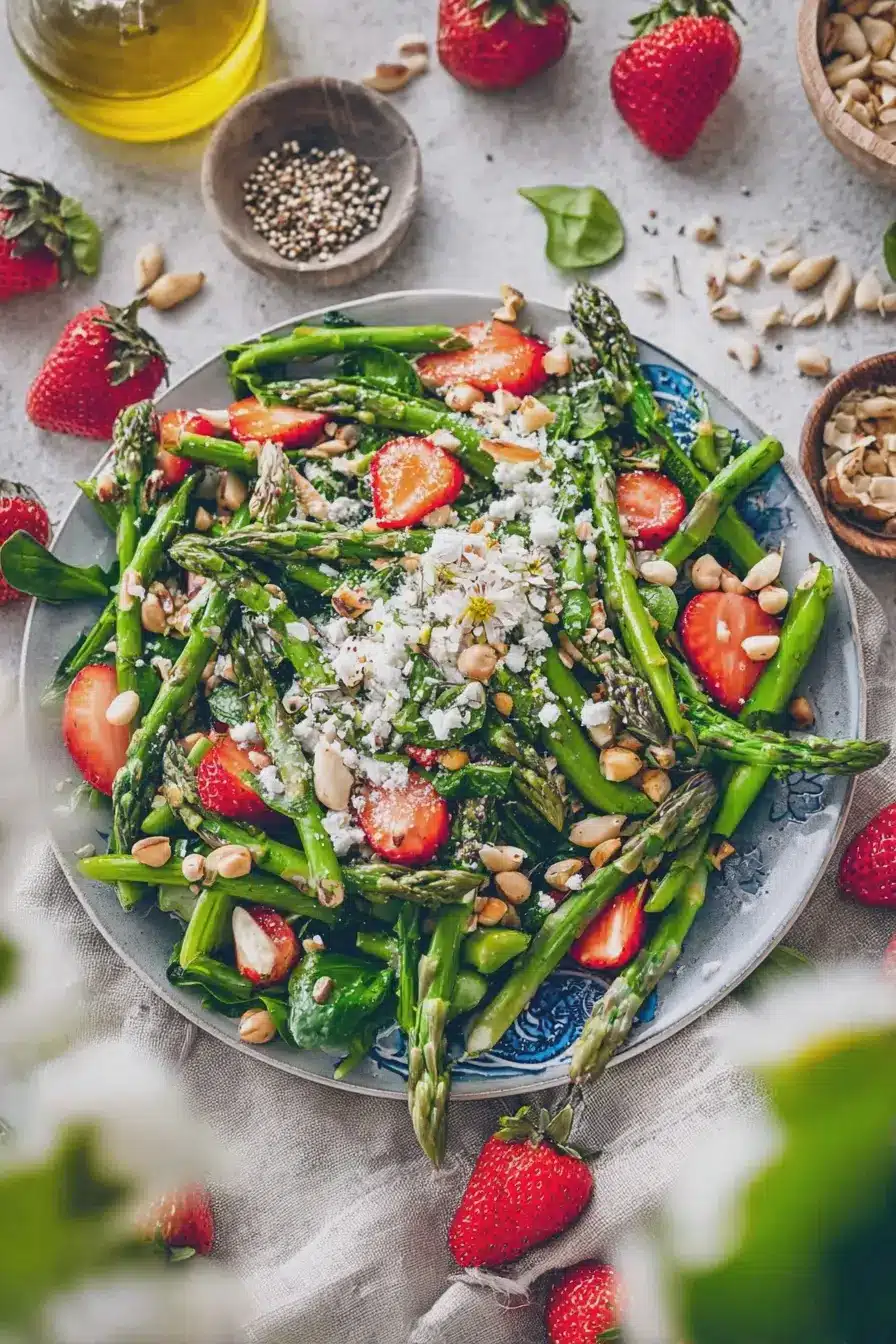 Spargelsalat mit Erdbeeren, Rucola und veganem Feta, garniert mit Minze und Gänseblümchen.