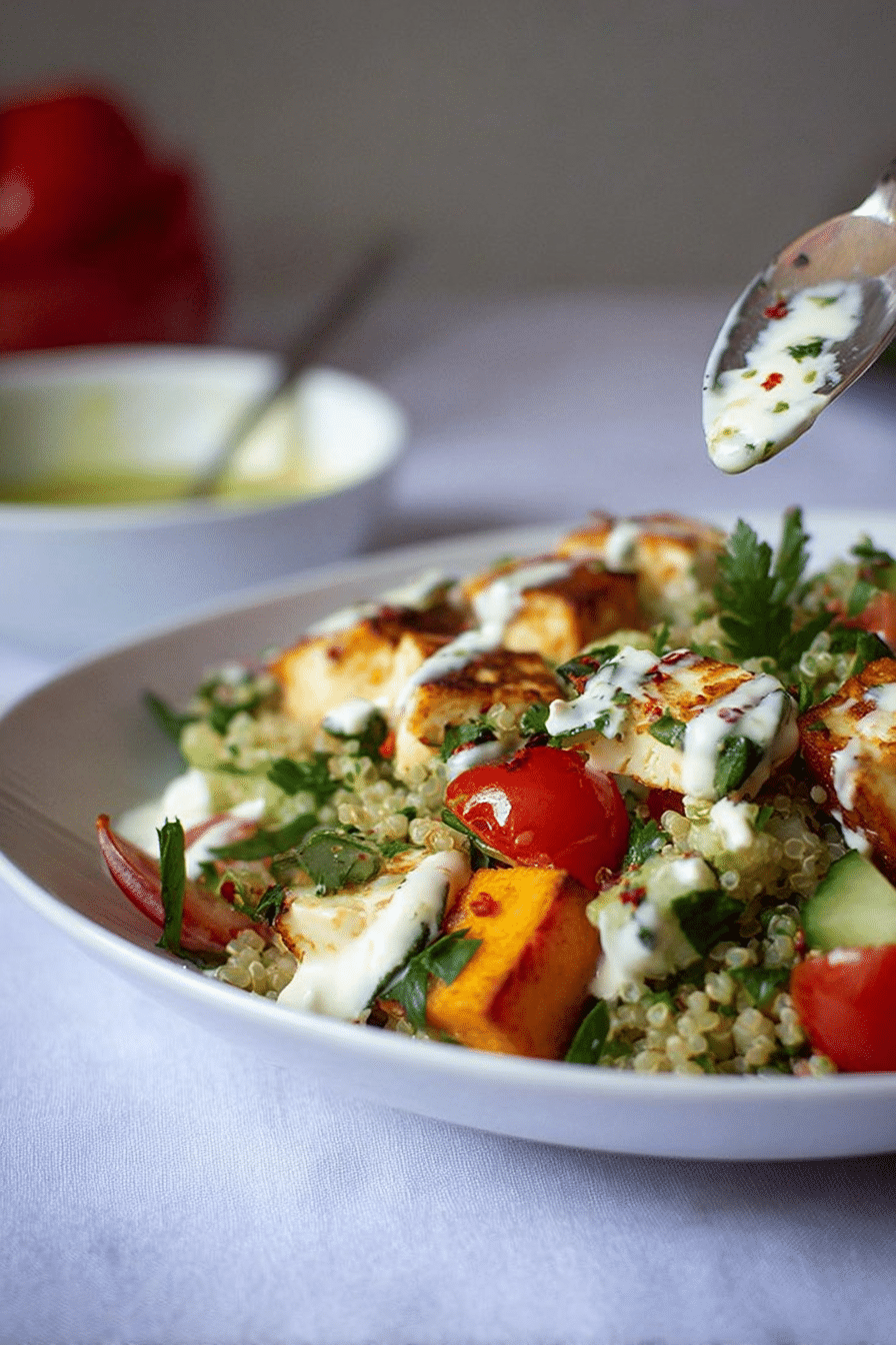 Taboulé mit gebratenem Halloumi und Minz-Joghurt auf einem rustikalen Tisch angerichtet.