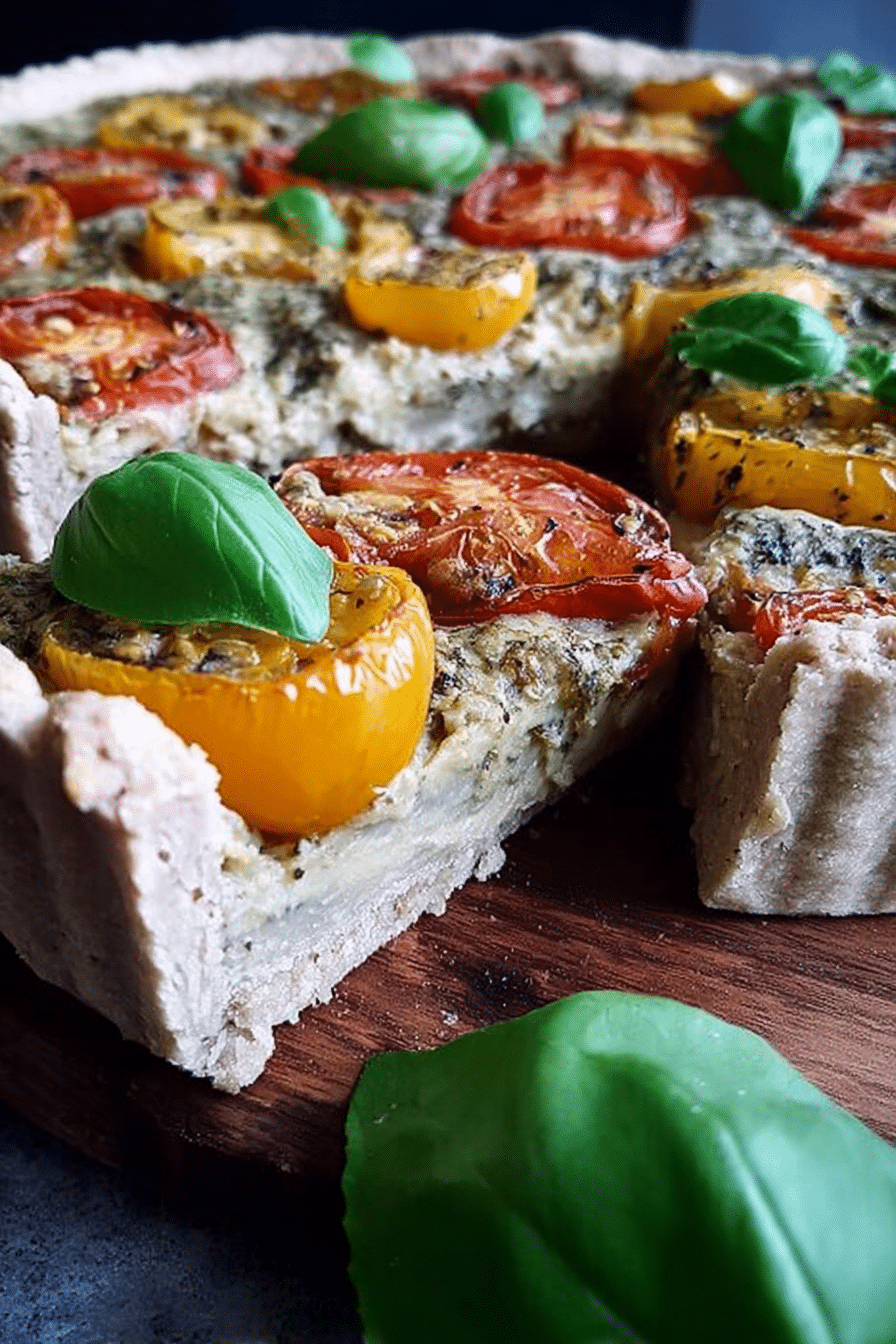 Frisch gebackene vegane und glutenfreie Tomaten Basilikum Tarte auf einem Holzbrett, garniert mit frischen Basilikumblättern.