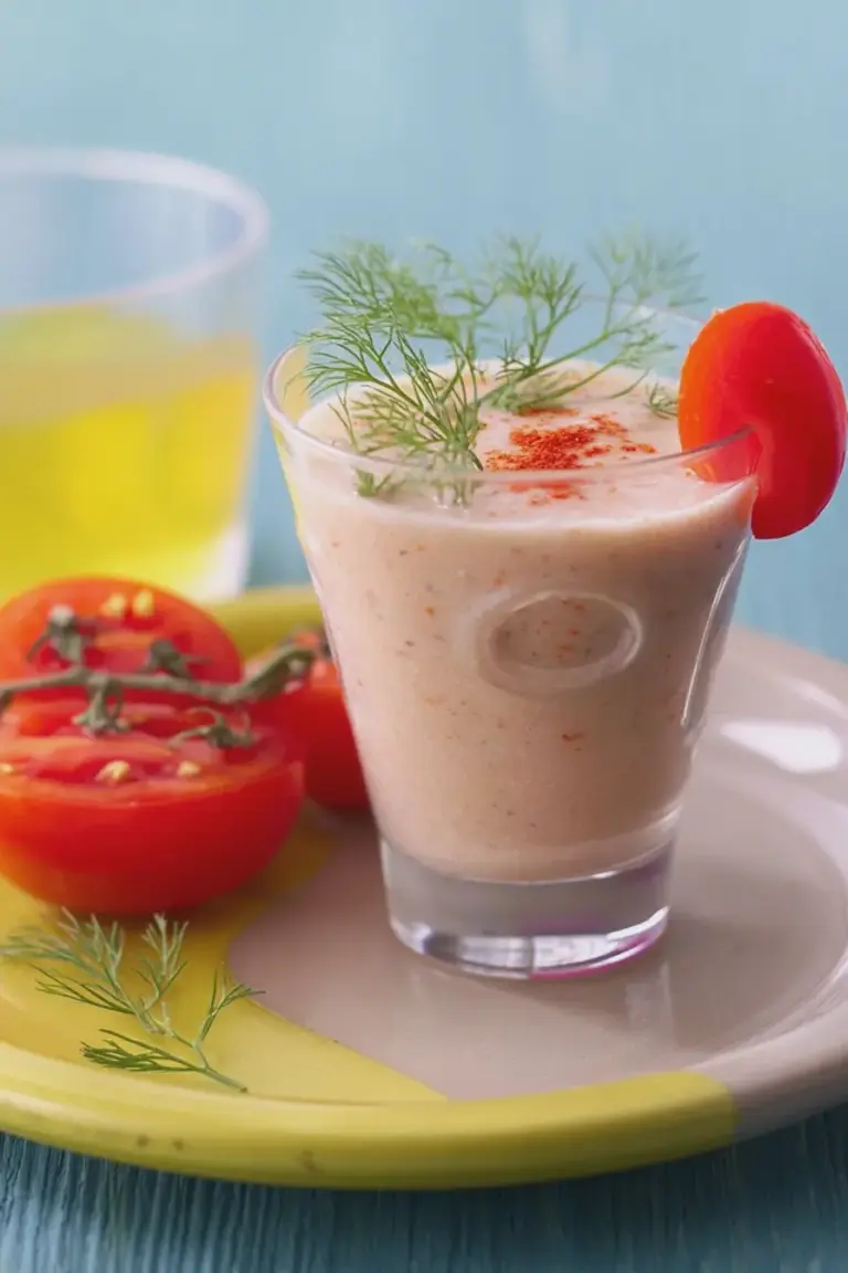Ein erfrischender Tomaten-Gurken-Smoothie, dekoriert mit Dill und Kirschtomaten.