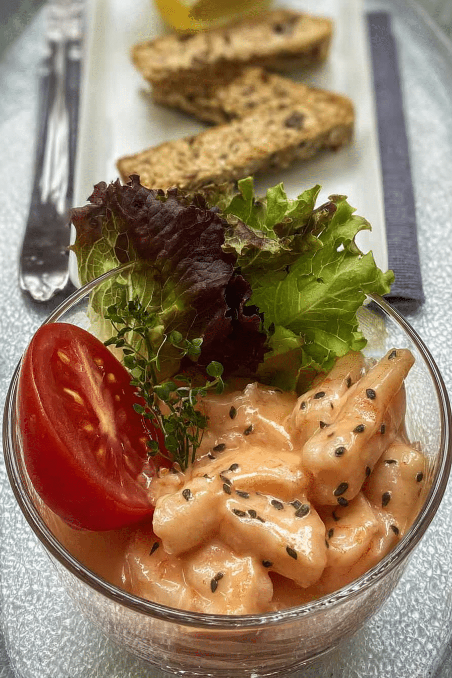 Veganer Prawn Tofu Cocktail serviert mit frischen Salatzutaten und knusprigen Brotsticks.