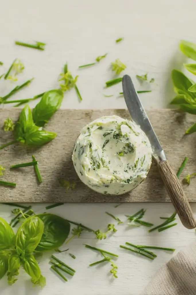 Frisch zubereitete vegane Kräuterbutter mit Basilikum und Zitrone auf einem Holztisch