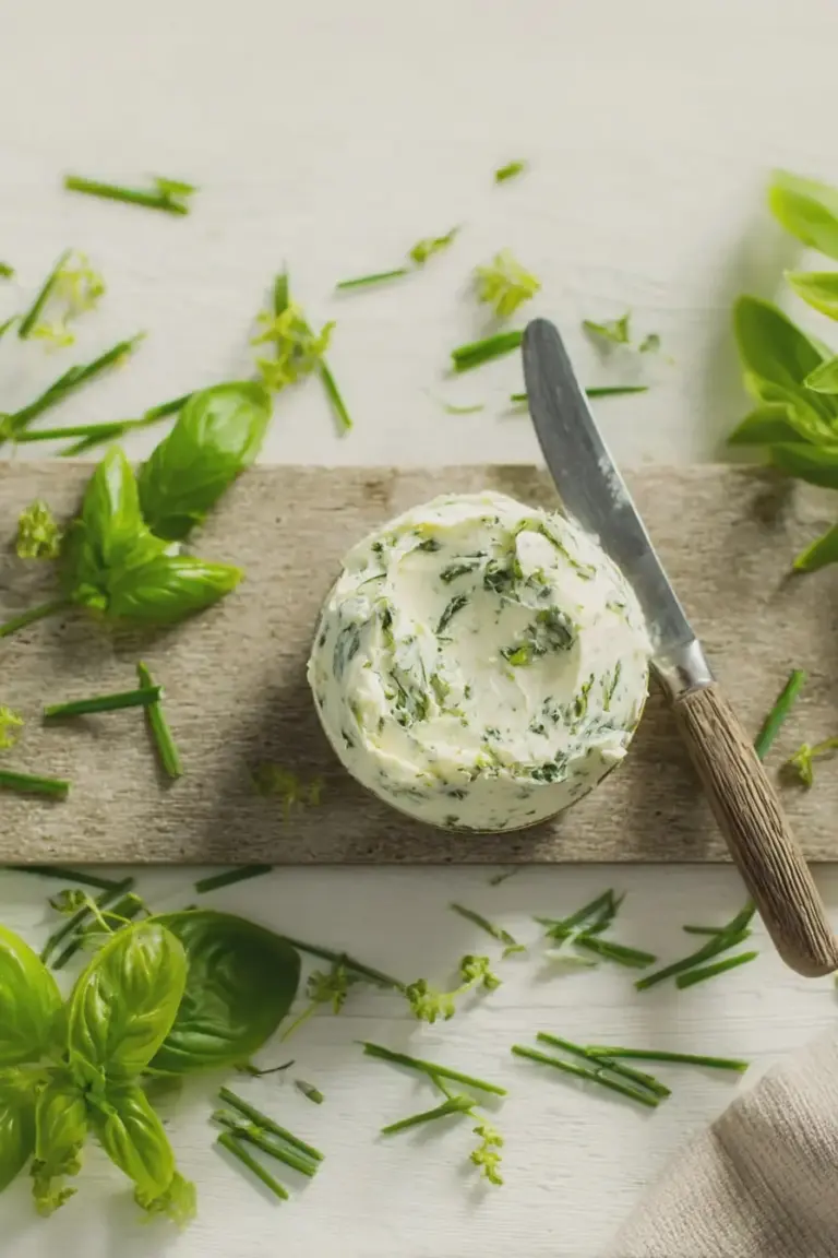 Frisch zubereitete vegane Kräuterbutter mit Basilikum und Zitrone auf einem Holztisch