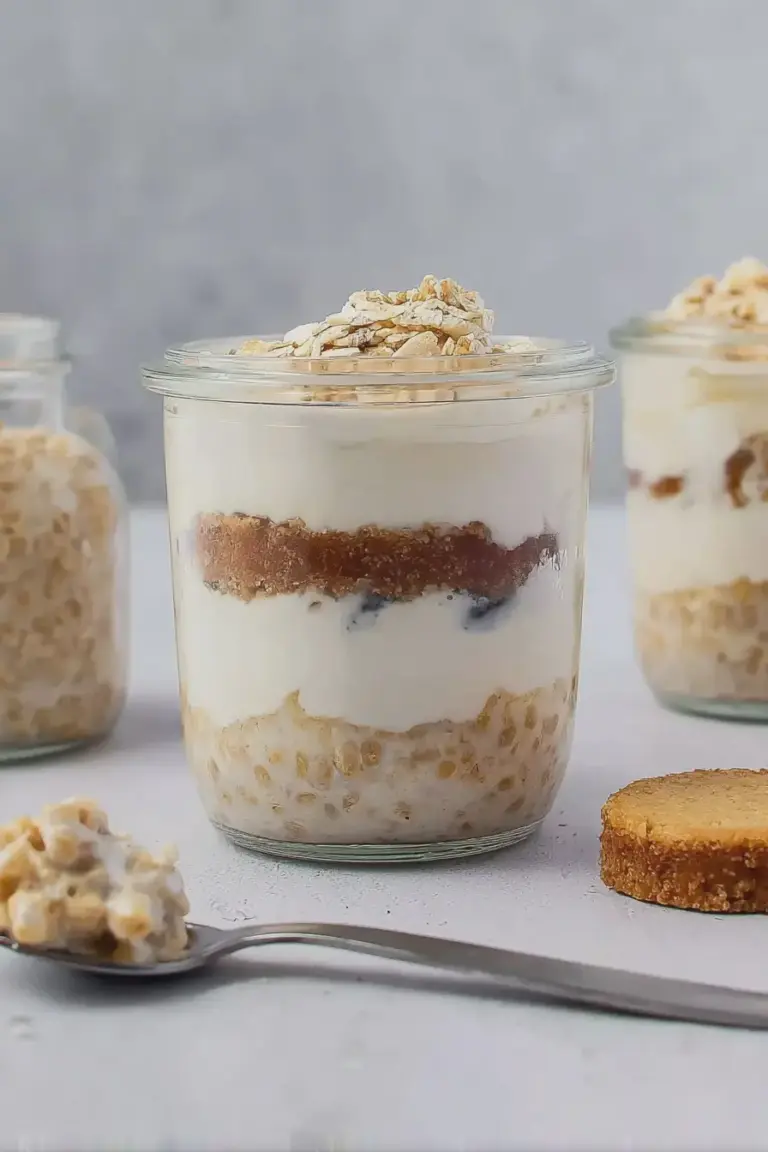 Vegane Overnight Oats im Japanese-Cheesecake-Stil, serviert in einem Einmachglas, dekoriert mit Lotus Biscoff Bröseln und frischen Früchten.
