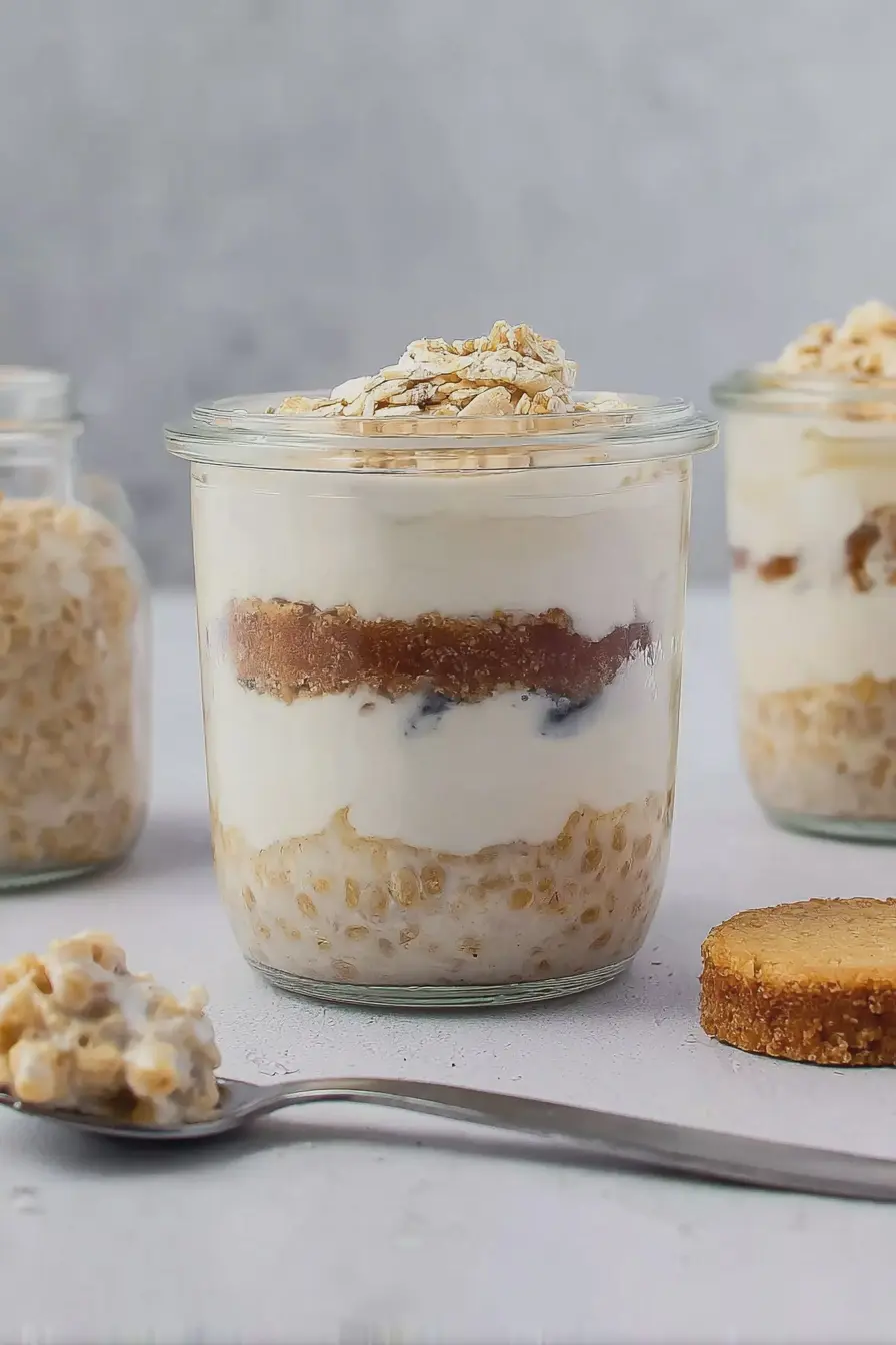 Vegane Overnight Oats im Japanese-Cheesecake-Stil, serviert in einem Einmachglas, dekoriert mit Lotus Biscoff Bröseln und frischen Früchten.