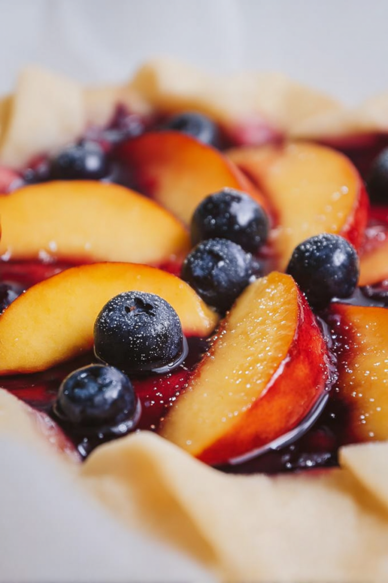 Frisch gebackene vegane Pfirsich-Beeren-Galette auf Holzbrett, dekoriert mit frischen Früchten.