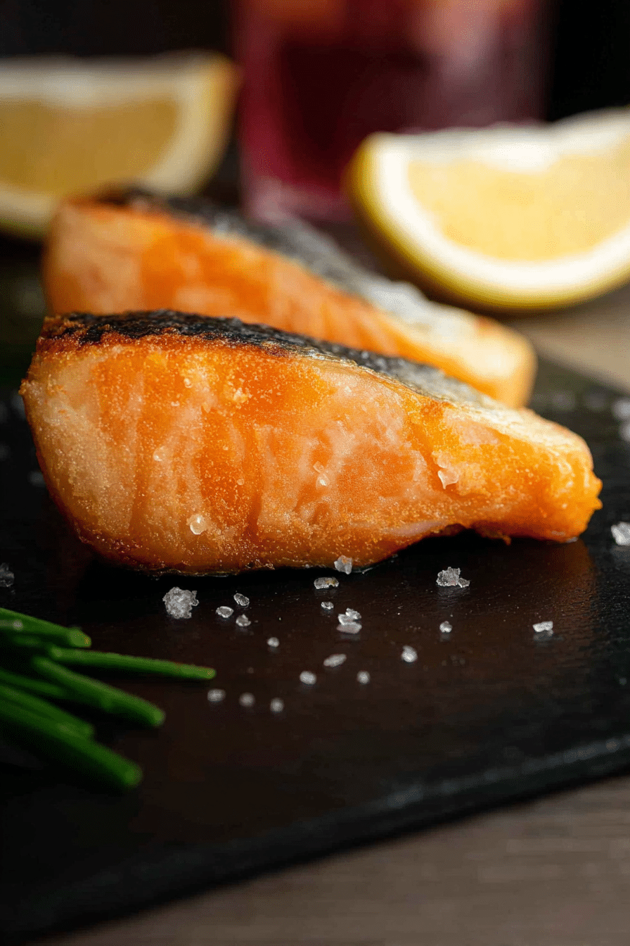 Veganes Lachsfilet auf einem Teller, serviert mit Zitronenscheiben und einer Beilage aus gebratenem Gemüse.