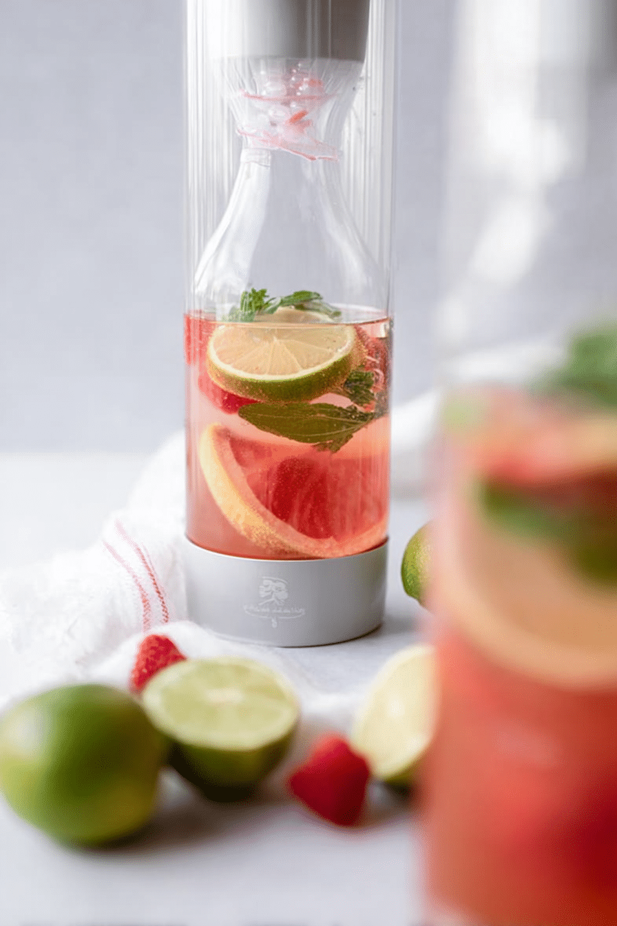 Erfrischender virgin rhabarber mojito in einem Glas mit Limettenscheiben und Minze, sommerliche Atmosphäre.