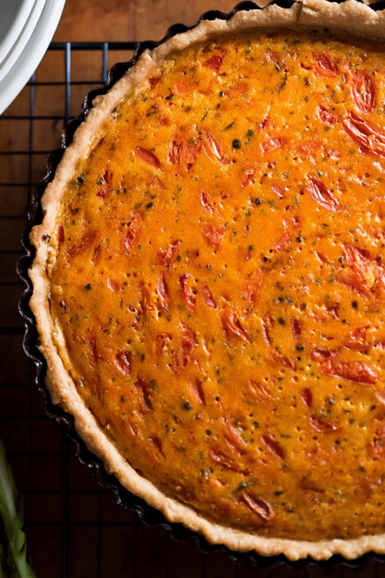 Frisch gebackener Winter-Tomaten-Quiche auf einem Holzbrett, dekoriert mit frischen Kräutern und Tomaten.