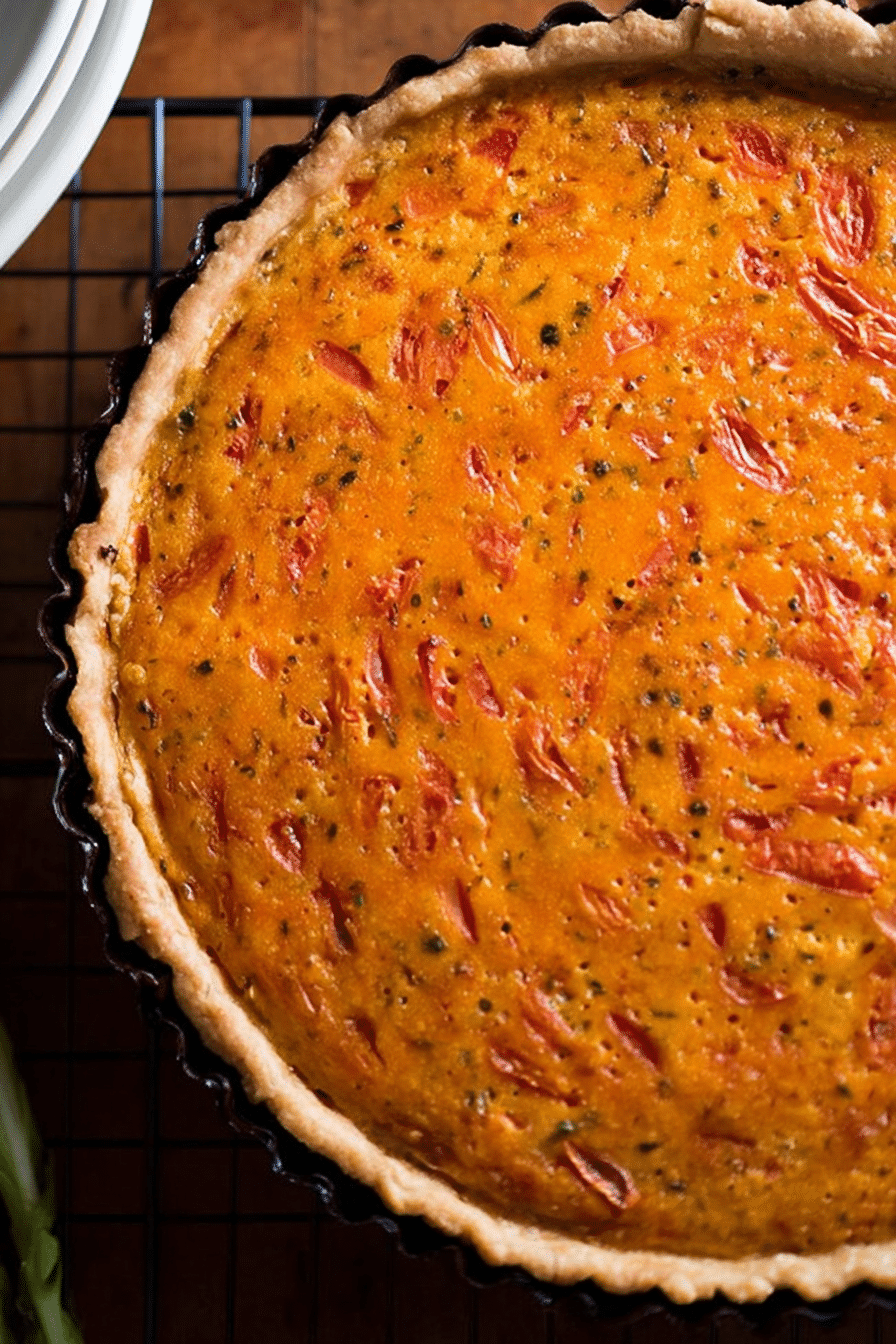 Frisch gebackener Winter-Tomaten-Quiche auf einem Holzbrett, dekoriert mit frischen Kräutern und Tomaten.