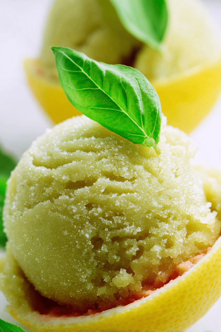 Zitronen-Basilikum-Sorbet in ausgehöhlten Zitronenhälften mit frischem Basilikum.