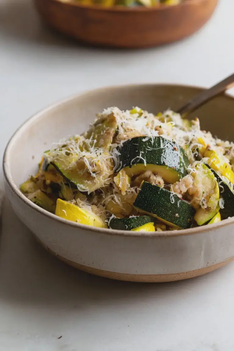 Zitronen-Zucchini-Farro-Bowl mit Kräutern und Parmesan in einer Schüssel.